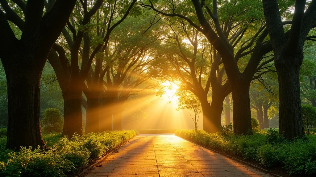 Goldene Stunde im Tao-Dan-Park von Ho-Chi-Minh-Stadt mit tropischem Gruen und Lichtspielen