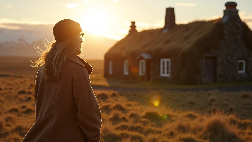 Stylisher Reisender betrachtet traditionelle islaendische Grassodenhaeuser in Höfn
