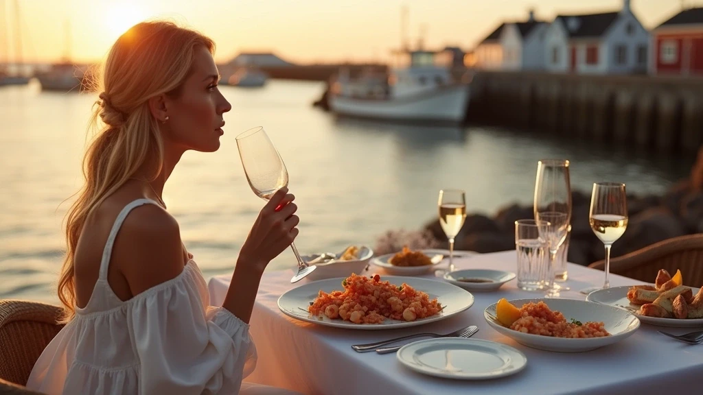 Elegante Frau geniesst frische Langustinen am Hafen von Höfn zur goldenen Stunde
