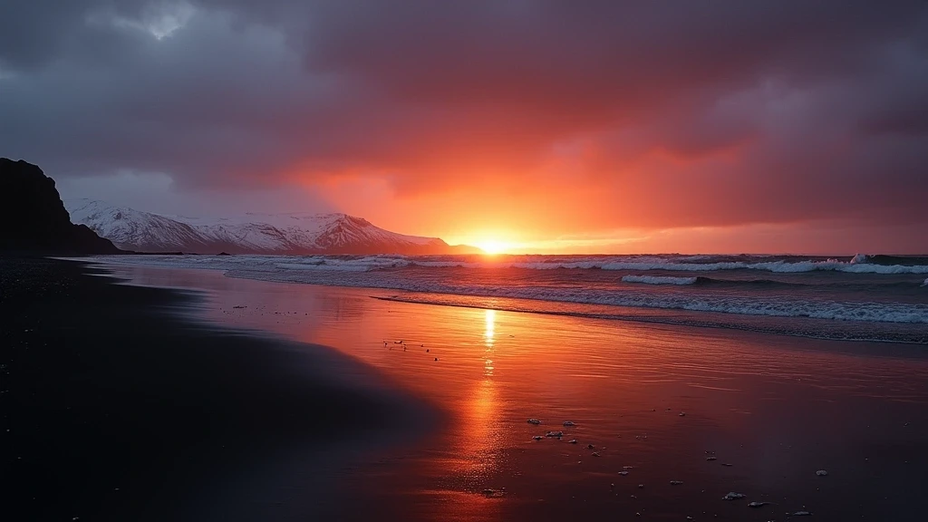 Sonnenuntergang ueber den schwarzen Sandstraenden von Höfn mit Blick auf den Vatnajökull-Gletscher
