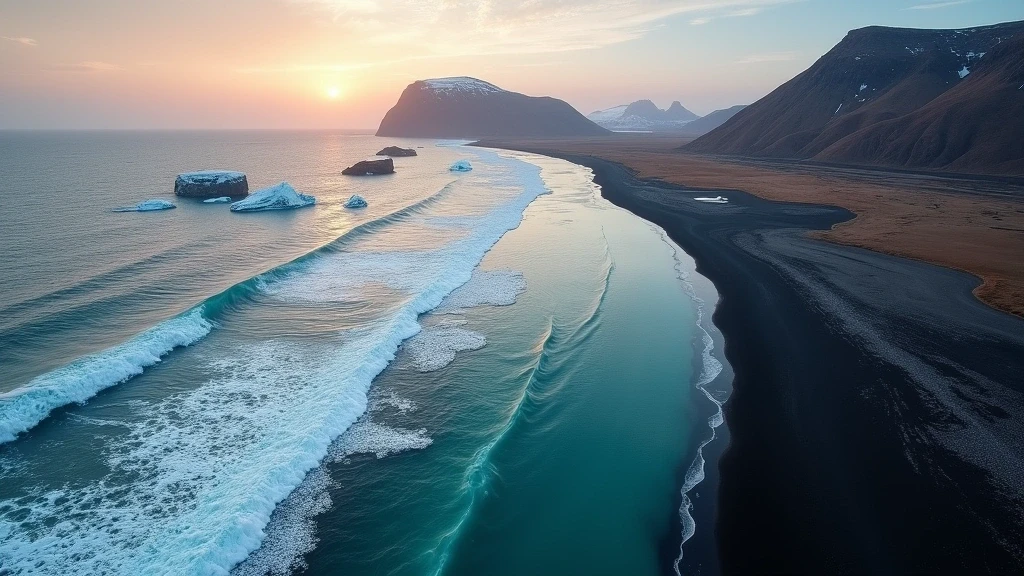 Luftaufnahme des Vatnajökull-Gletschers und der Jökulsárlón-Lagune in Höfn zur goldenen Stunde