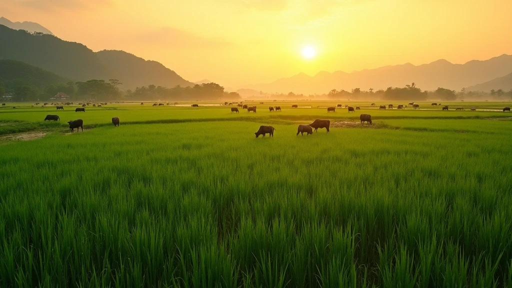 Goldene Stunde in den Reisfeldern von Cam Thanh mit Wasserbüffeln in Hoi An
