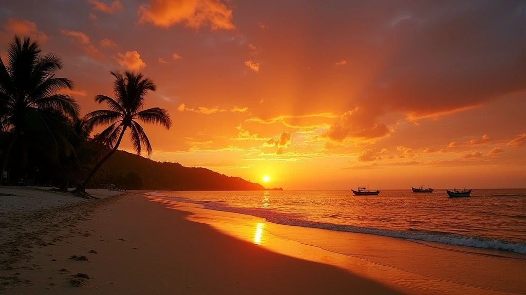 Sonnenuntergang am Cua Dai Strand in Hoi An mit Fischerbooten und Palmen