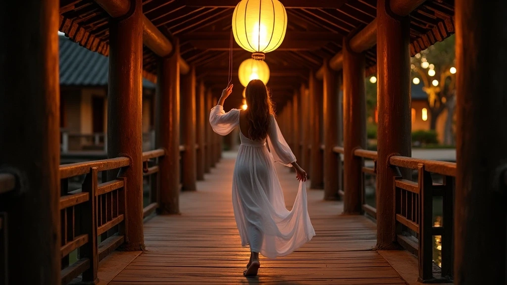 Elegante Frau mit Laterne auf der Japanischen Bruecke in Hoi An bei Daemmerung