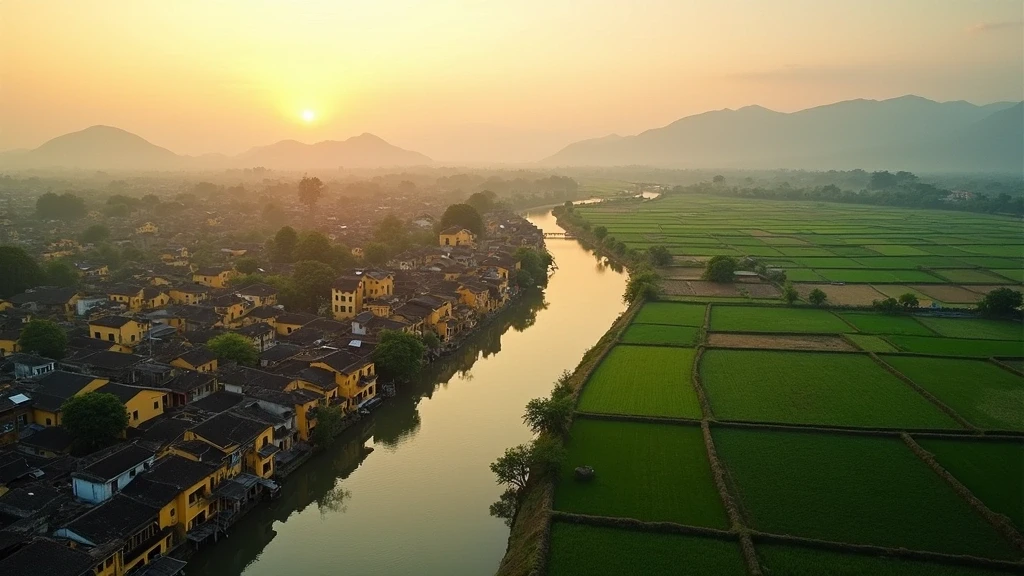 Luftaufnahme des Thu Bon Flusses und der Altstadt von Hoi An zur goldenen Stunde in Vietnam