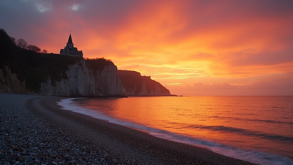 Panoramablick auf die Cote de Grace Kueste in Honfleur bei Sonnenuntergang mit Kapelle