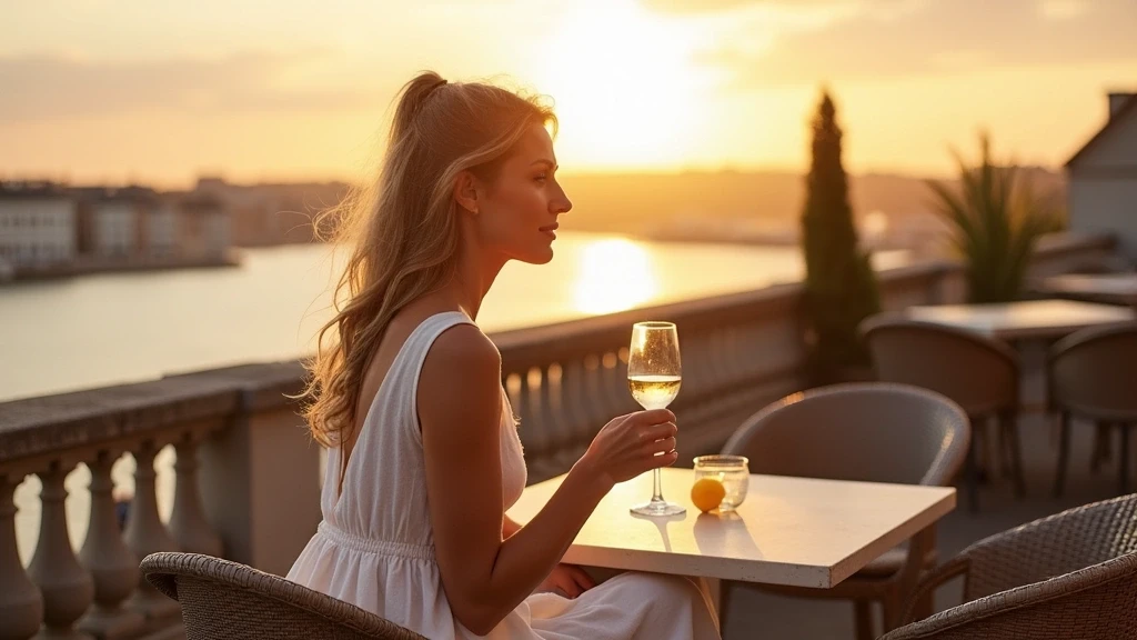 Elegante Frau auf Terrasse in Honfleur mit Calvados und Blick auf den Hafen