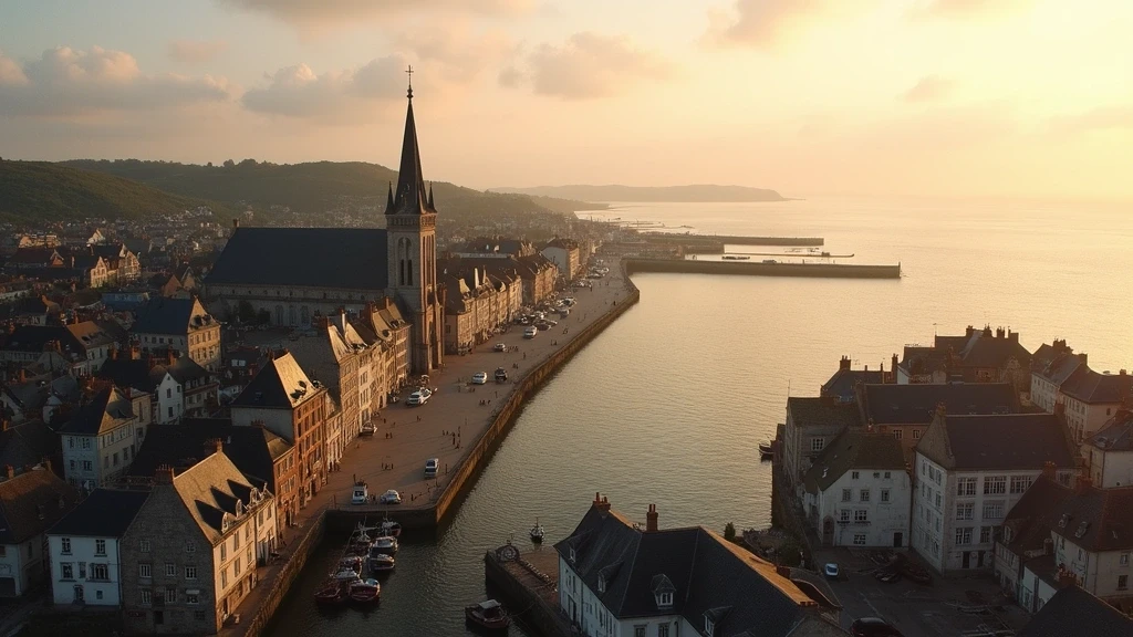 Luftaufnahme des historischen Vieux Bassin Hafens in Honfleur zur goldenen Stunde mit Fachwerkhaeusern