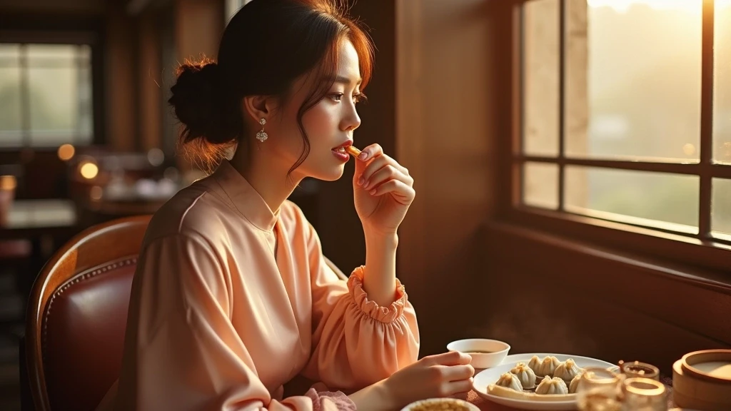 Elegante Frau geniesst Dim Sum in Hongkonger Michelin-Restaurant zur goldenen Stunde