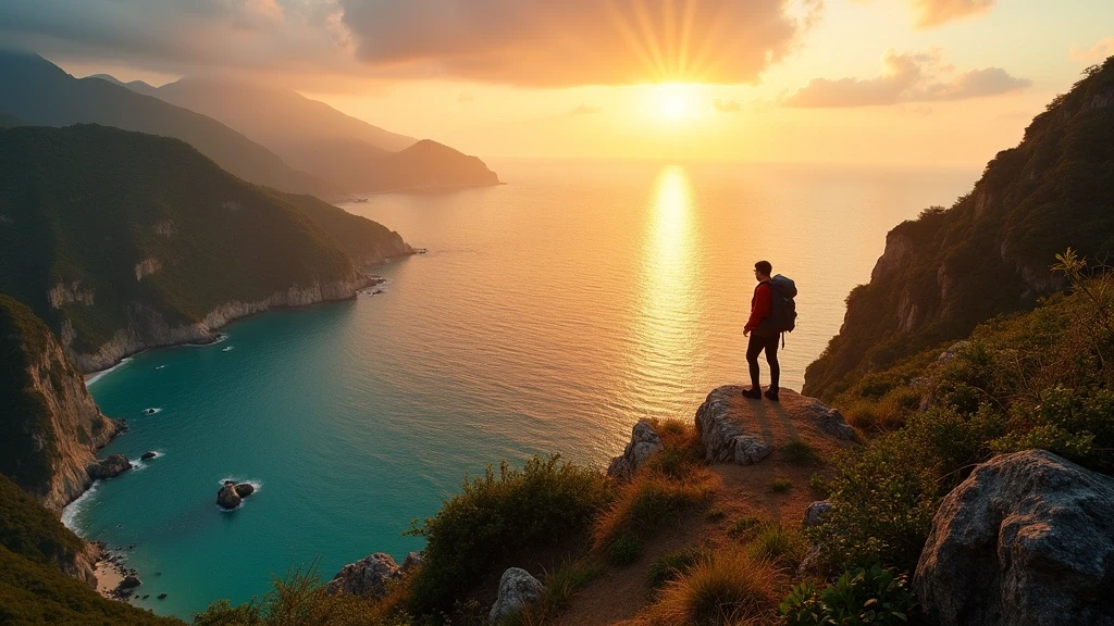 Goldene Stunde am Dragon's Back Wanderweg in Hongkong mit Kuestenlandschaft