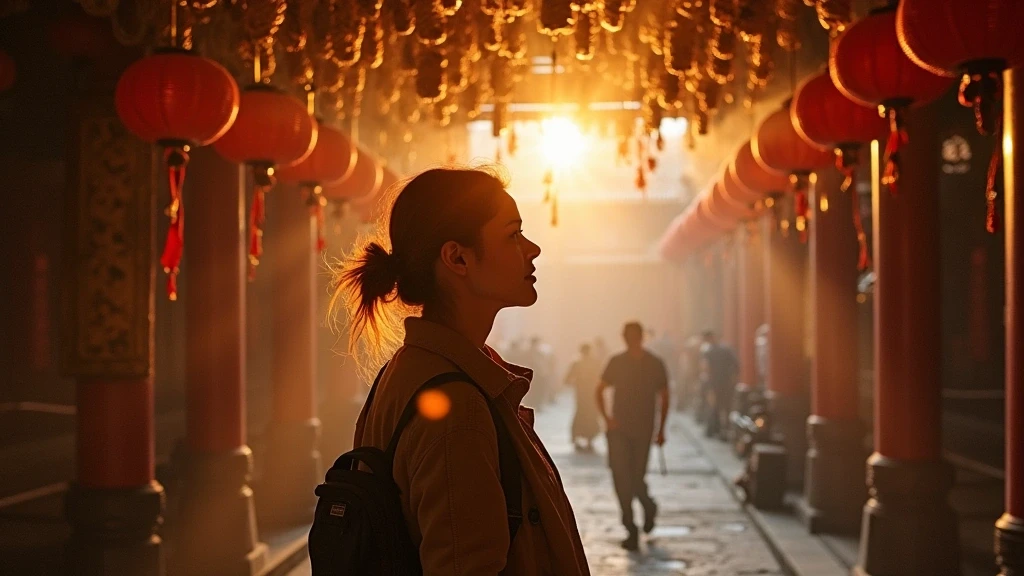 Reisende erkundet Man Mo Tempel in Hongkong mit Weihrauchspiralen