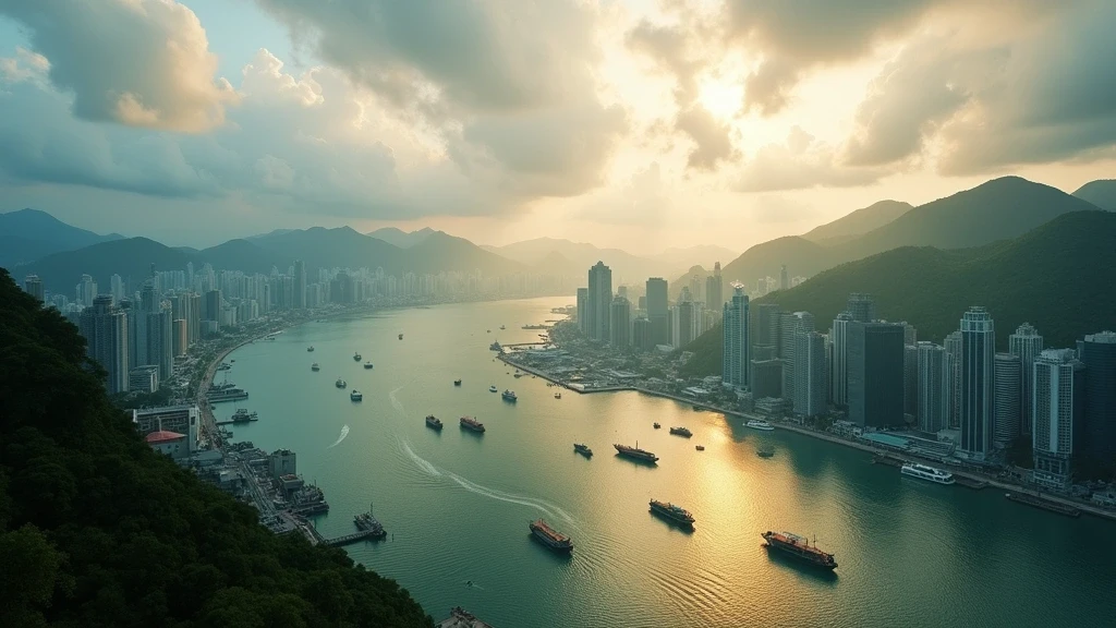 Luftaufnahme von Victoria Harbour in Hongkong mit Skyline und Bergen zur goldenen Stunde