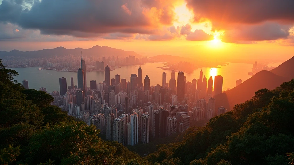 Sonnenuntergang ueber Victoria Peak in Hongkong mit Skyline-Panorama