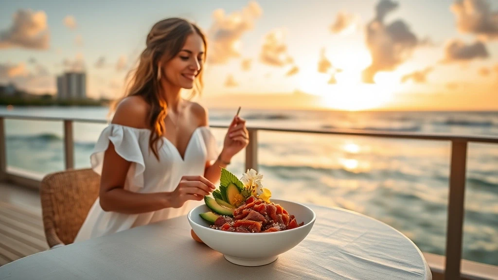 Elegante Frau genießt Poke Bowl am Strand in Honolulu bei Sonnenuntergang