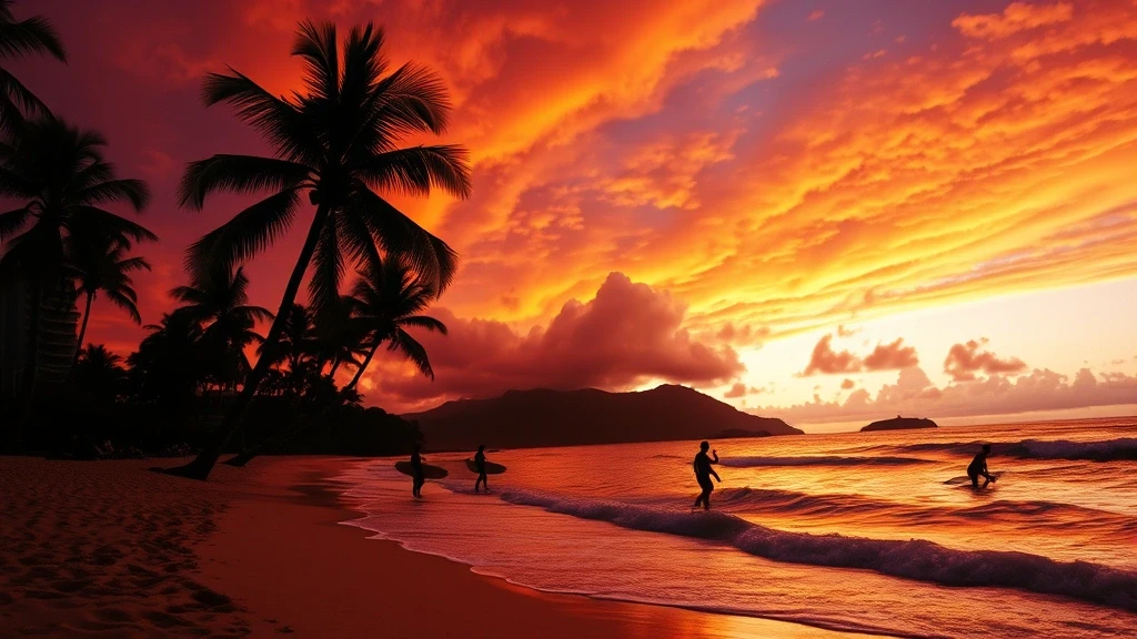 Sonnenuntergang über Waikiki Beach in Honolulu mit Surfer-Silhouetten