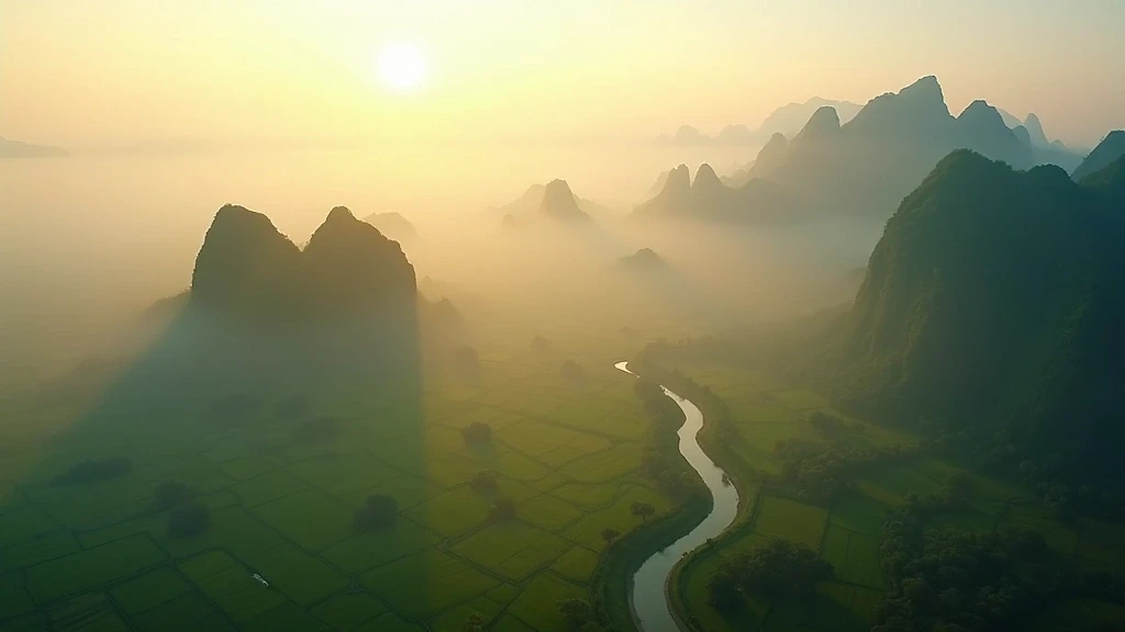 Luftaufnahme der ikonischen Kalkstein-Karstberge von Hpa-An, Myanmar zur goldenen Stunde