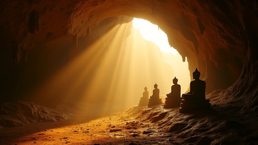 Goldene Stunde im Saddan Cave, Hpa-An, Myanmar mit Lichtstrahlen und Buddha-Statuen