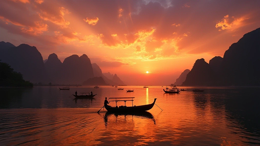 Sonnenuntergang ueber dem Thanlwin Fluss in Hpa-An, Myanmar mit Fischerboot-Silhouetten