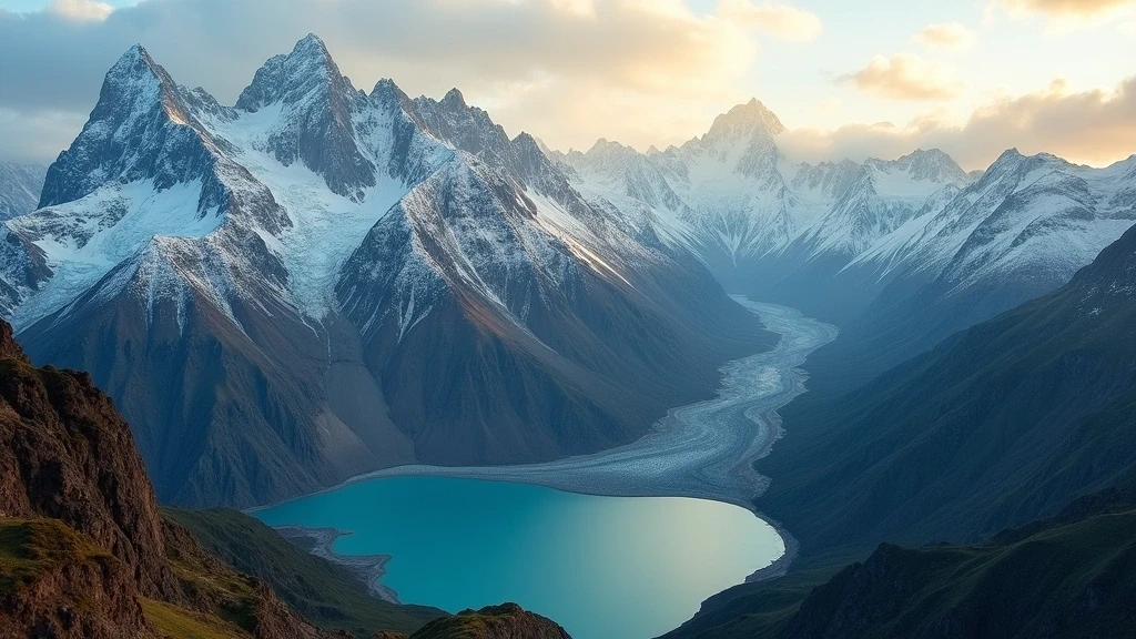 Luftaufnahme der Cordillera Huayhuash in Huánuco, Peru zur goldenen Stunde mit schneebedeckten Gipfeln