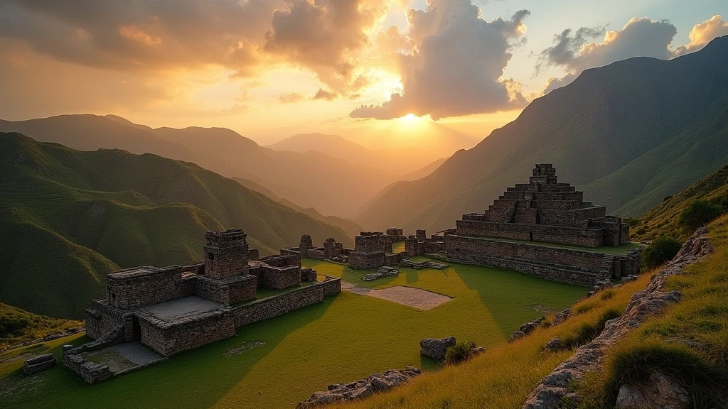 Panoramaansicht der Kotosh-Ruinen in Huánuco, Peru bei Sonnenuntergang mit goldenem Licht