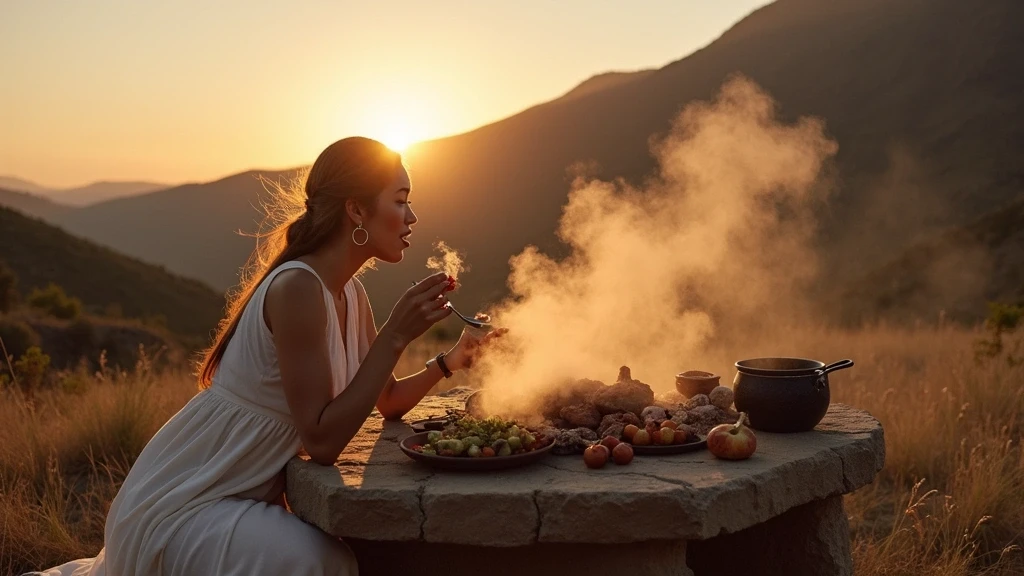 Elegante Frau geniesst traditionelles Pachamanca-Gericht in Huánuco, Peru bei Sonnenuntergang