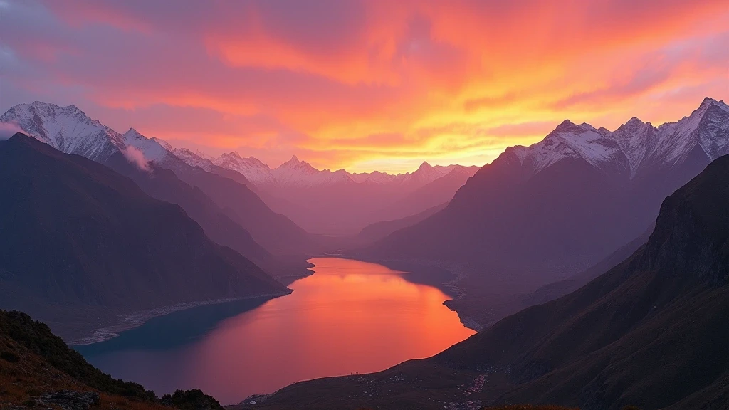 Sonnenaufgang ueber der Pillao-Gebirgskette in Huánuco, Peru mit Nebel und Bergseen