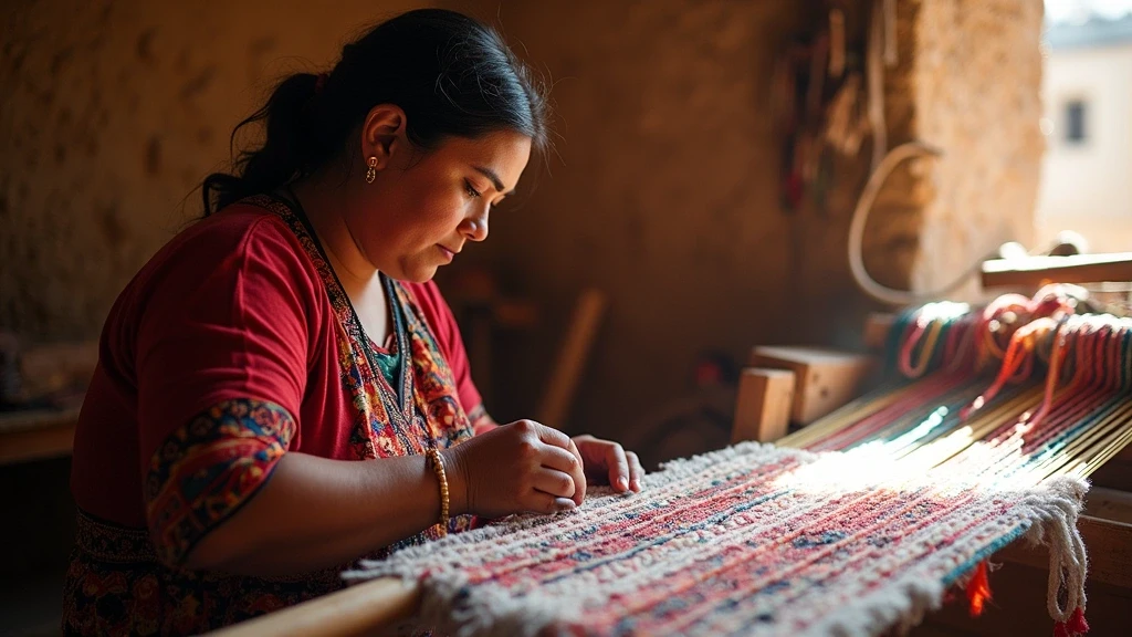 Lokale Kunsthandwerkerin webt traditionelle Textilien in Huánuco, Peru in Adobe-Werkstatt