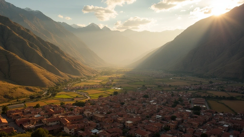 Dramatische Luftaufnahme des Mantaro-Tals in Huancayo, Peru, umgeben von den Anden zur goldenen Stunde