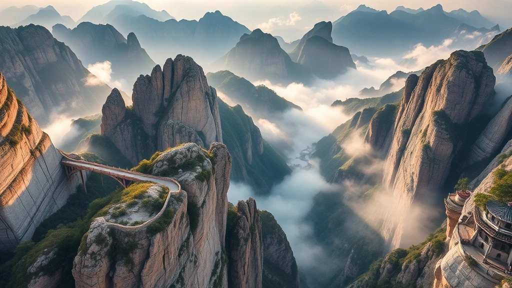 Dramatische Luftaufnahme der Huashan Bergpfad-Klippen und Plankenwege zur goldenen Stunde in China