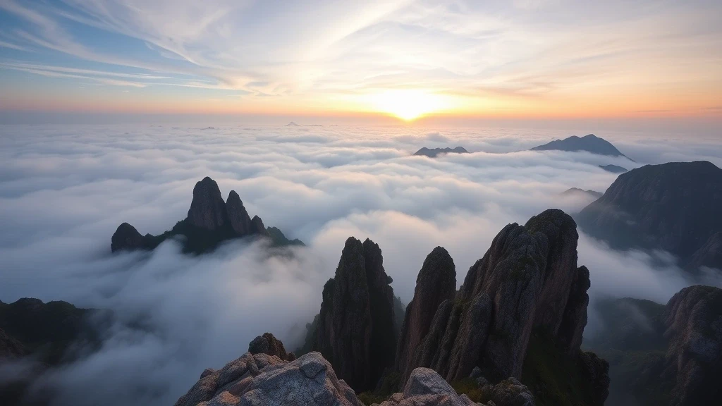 Panoramablick auf Huashan Bergpfad-Gipfel im Morgennebel in China