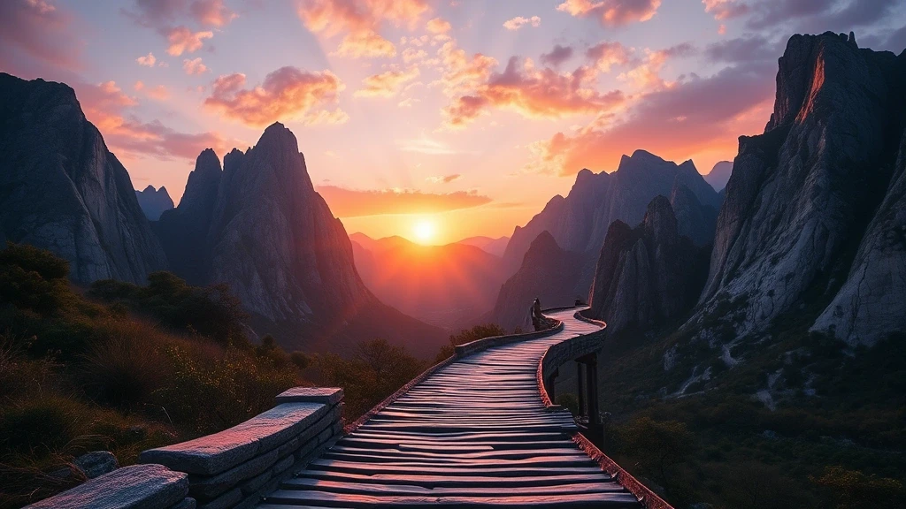 Sonnenuntergang hinter den Huashan-Berggipfeln mit Plankenweg in China