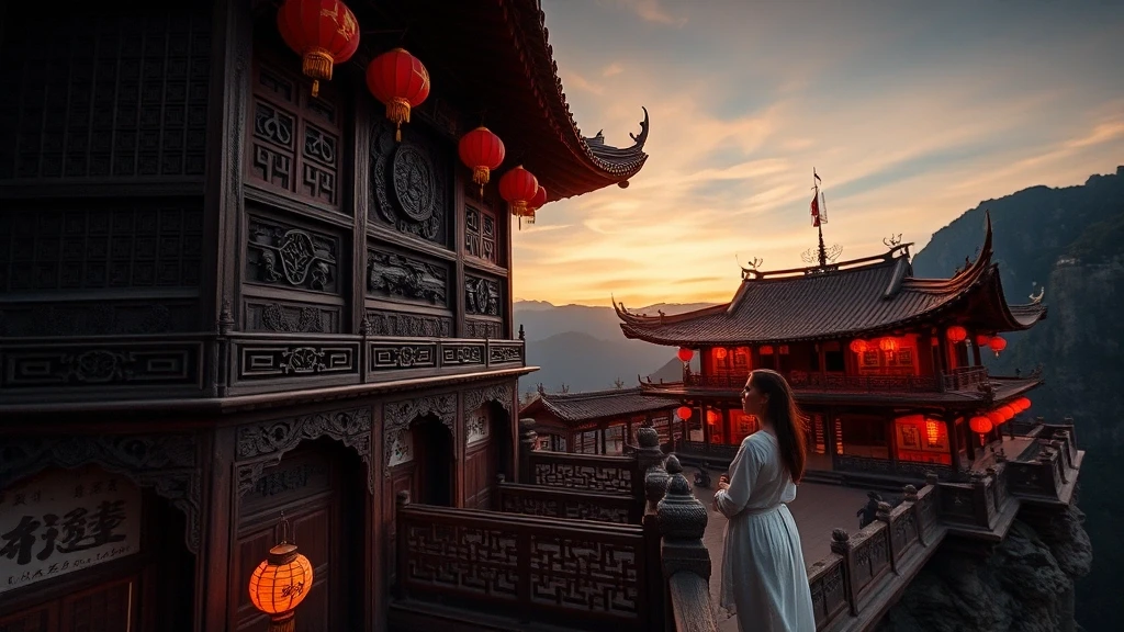 Alter Taoisten-Tempel an Huashan Bergpfad-Klippe bei Sonnenuntergang in China