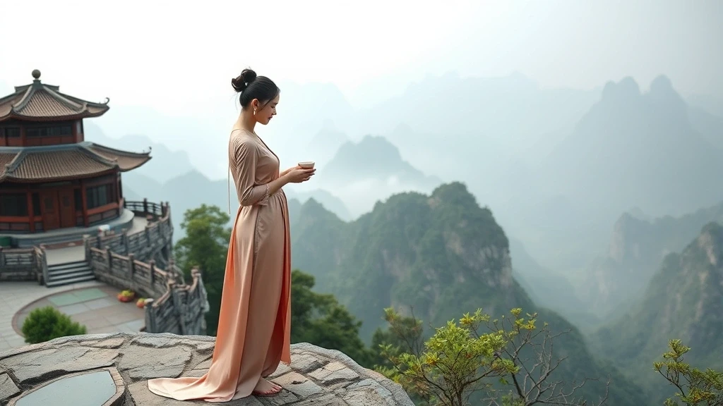Elegante Frau bei Teezeremonie mit Blick auf Huashan Bergpfad in China