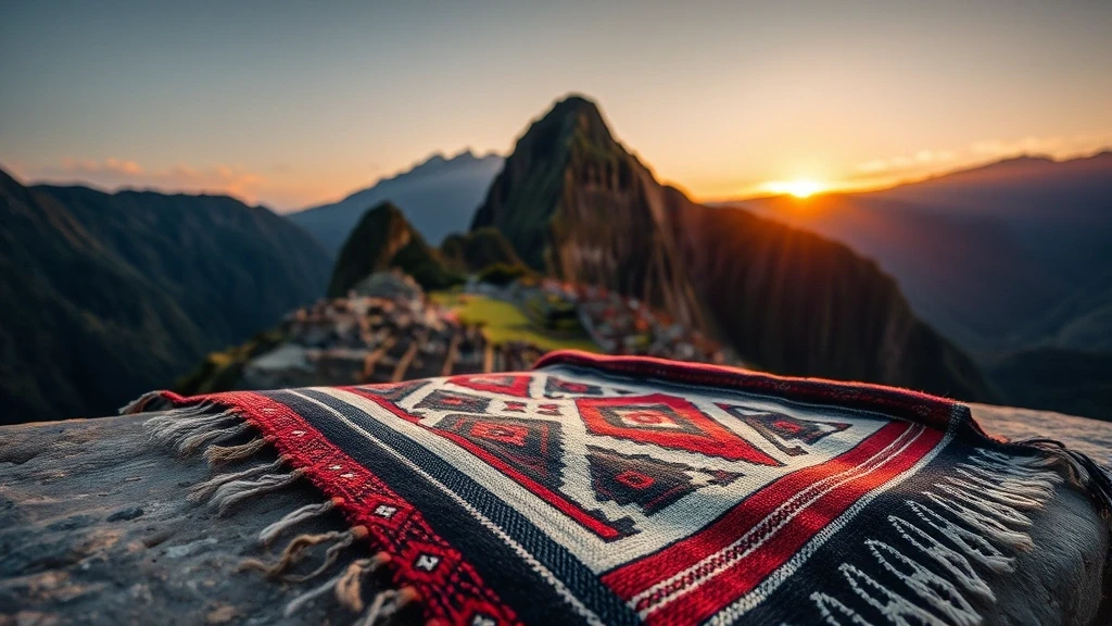 Traditionelle Anden-Textilien auf antiken Steinen am Huayna Picchu in Peru bei Sonnenuntergang