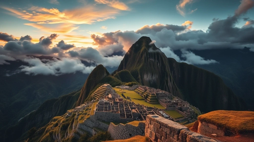 Panoramablick vom Gipfel des Huayna Picchu auf Machu Picchu bei Sonnenuntergang in Peru