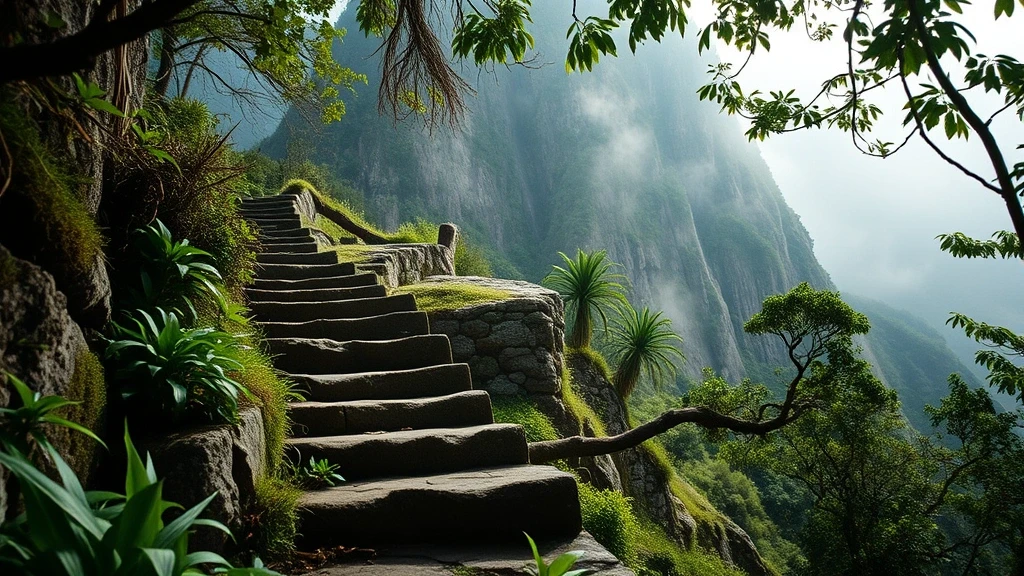 Alte Inka-Steinstufen am Huayna Picchu in Peru mit Nebelwald-Vegetation im Morgenlicht