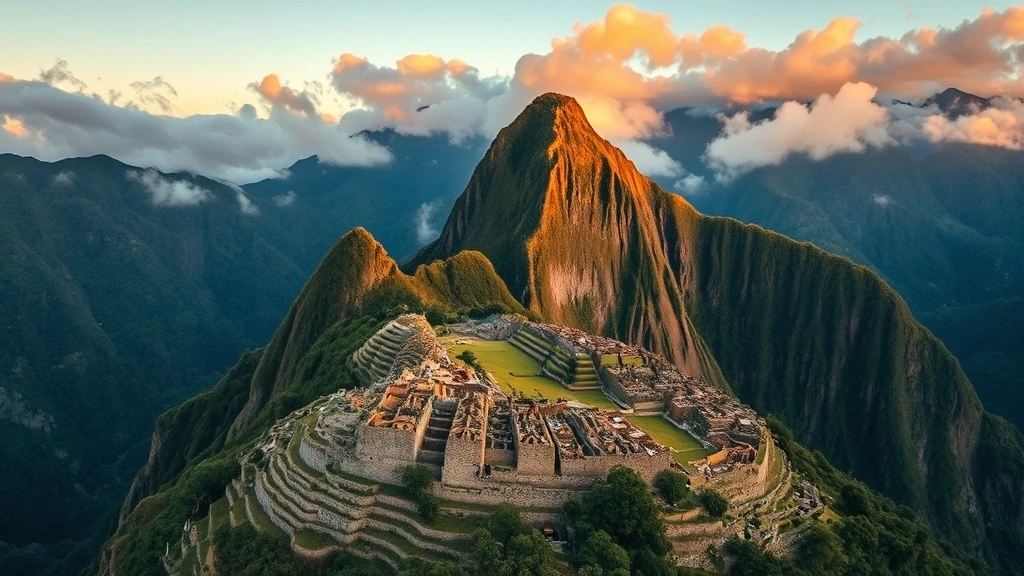 Dramatische Luftaufnahme von Huayna Picchu in Peru mit Machu Picchu im Vordergrund zur goldenen Stunde