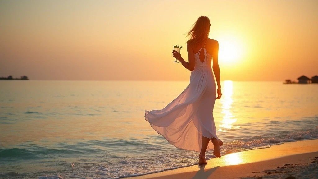 Elegante Frau im weissen Kleid am Strand von Hulhumalé, Malediven bei Sonnenuntergang