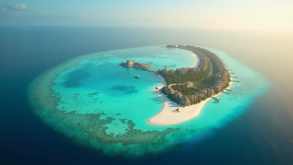 Luftaufnahme von Hulhumalé, Malediven zur goldenen Stunde mit geometrischer Kueste und tuerkisfarbenen Lagunen