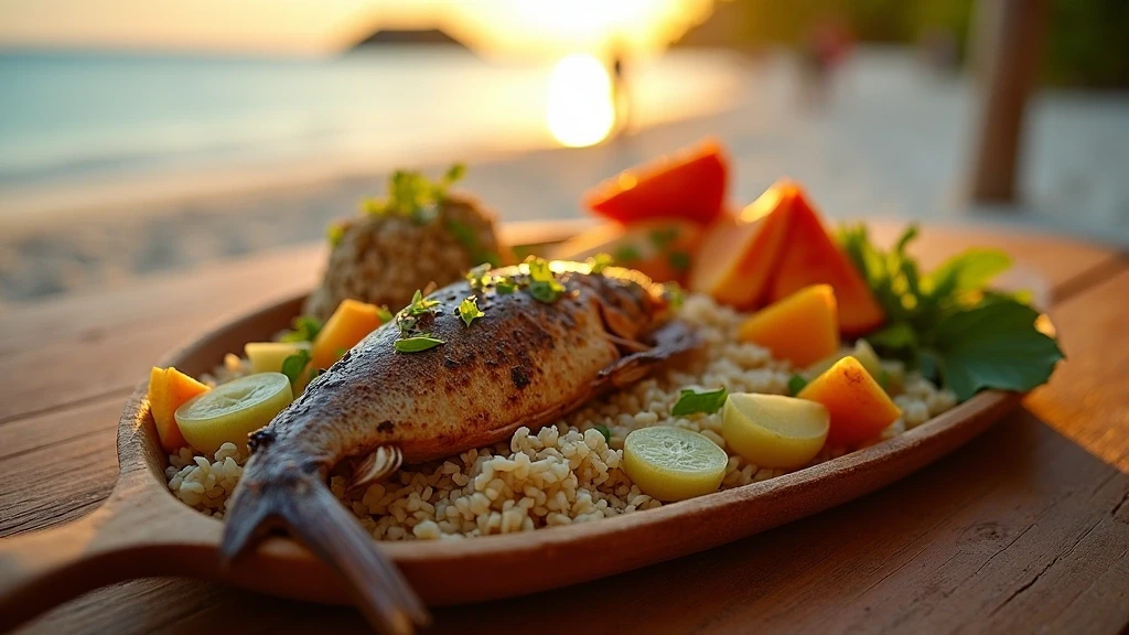 Traditionelle maledivische Kueche auf dem Strand von Hulhumalé, Malediven zur goldenen Stunde