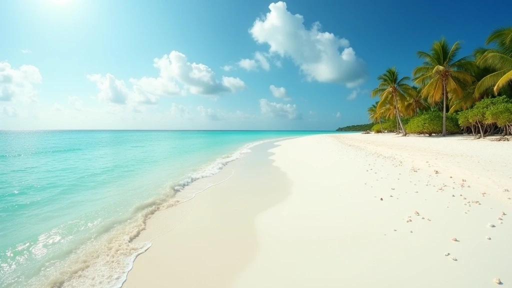Panorama-Ansicht des weissen Sandstrandes von Hulhumalé, Malediven mit tuerkisfarbenem Meer
