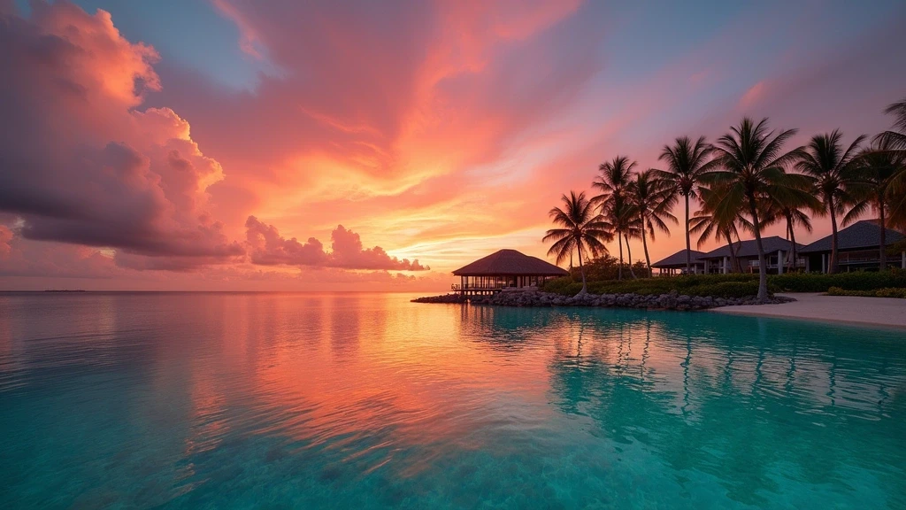 Sonnenuntergang ueber Hulhumalé, Malediven mit dramatischem Himmel und tuerkisfarbenem Wasser