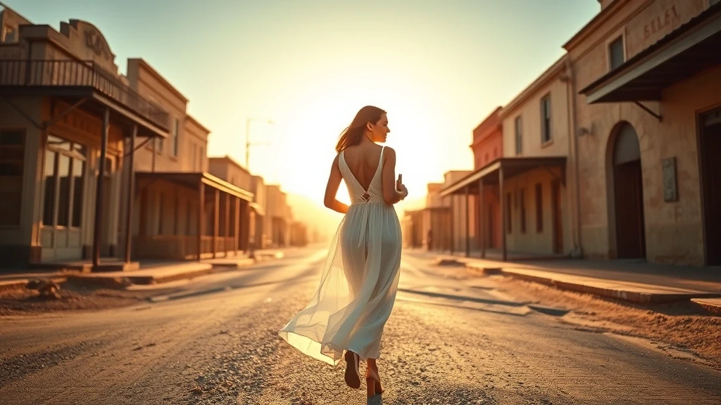 Elegante Frau in weissem Leinenkleid erkundet Humberstone zur goldenen Stunde