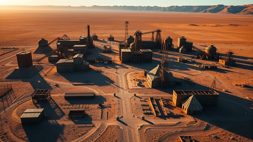 Luftaufnahme der verlassenen Salpeterstadt Humberstone in der Atacama-Wueste zur goldenen Stunde