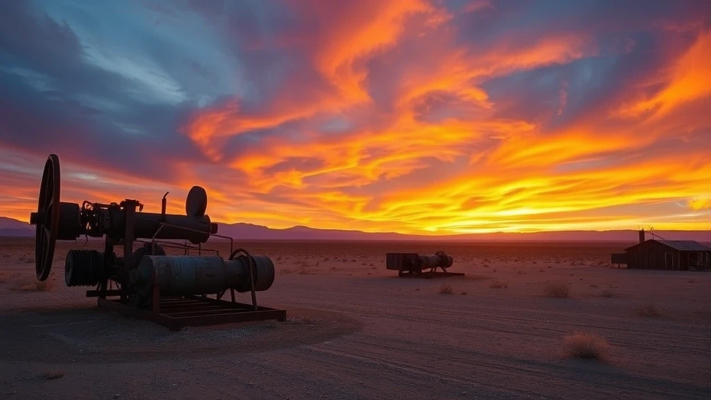 Panoramablick auf Humberstone bei Sonnenuntergang mit rostigen Industrieruinen