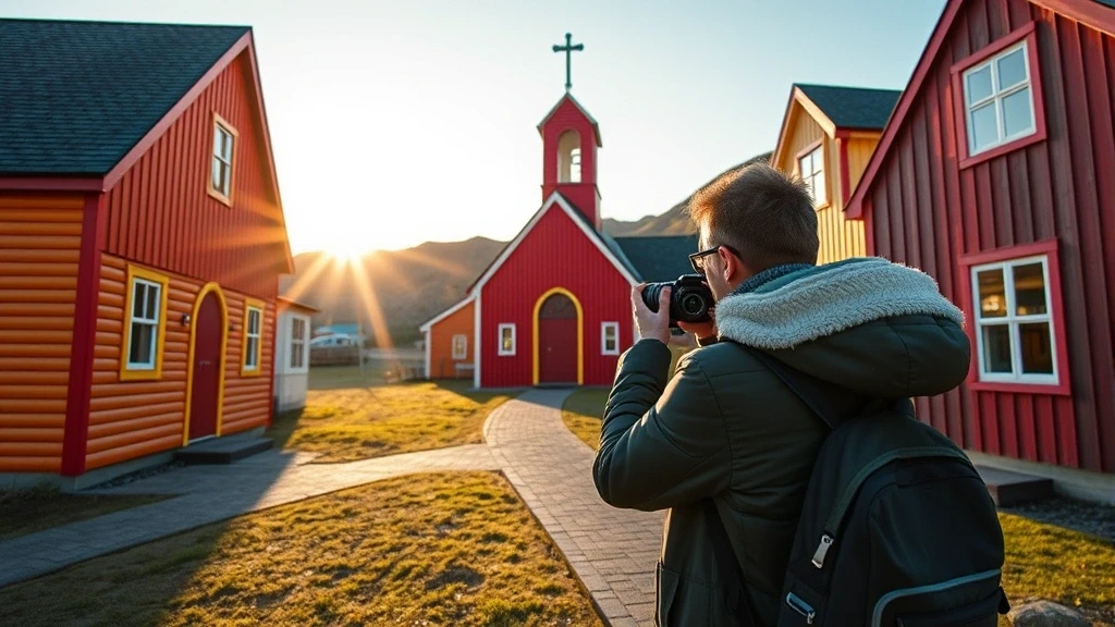 Stylish Reisende fotografiert bunte Holzkirche in Húsavík zur goldenen Stunde