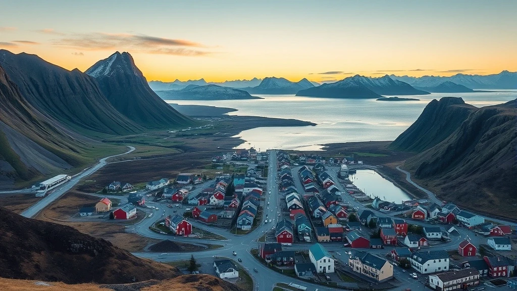 Luftaufnahme von Húsavík mit vulkanischen Bergen und buntem Stadtbild zur goldenen Stunde in Island