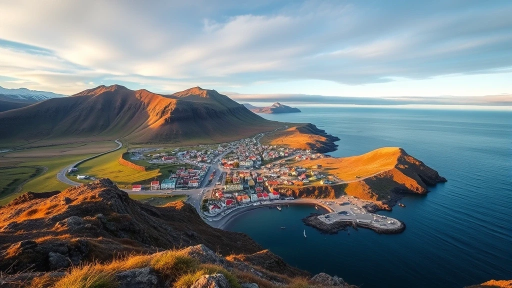Panoramablick auf Húsavík mit bunten Haeusern zwischen vulkanischen Huegeln in Island