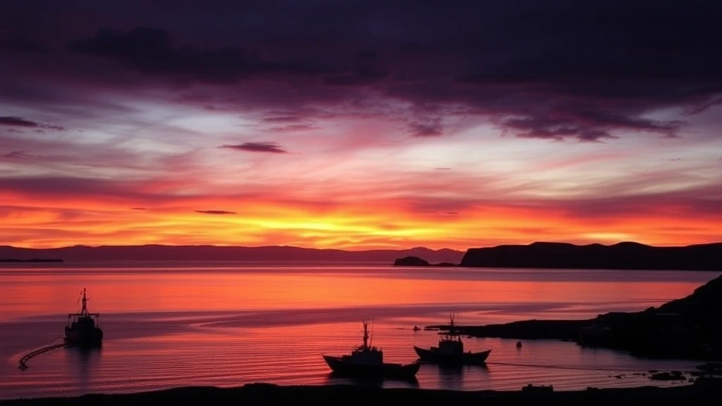 Sonnenuntergang über der Skjálfandi-Bucht in Húsavík mit Fischerboot-Silhouetten in Island