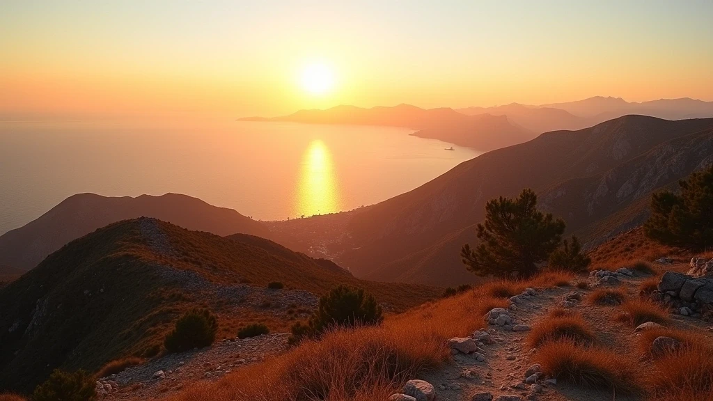 Goldene Stunde am Berg Eros auf Hydra mit Panoramablick auf die Aegaeis in Griechenland